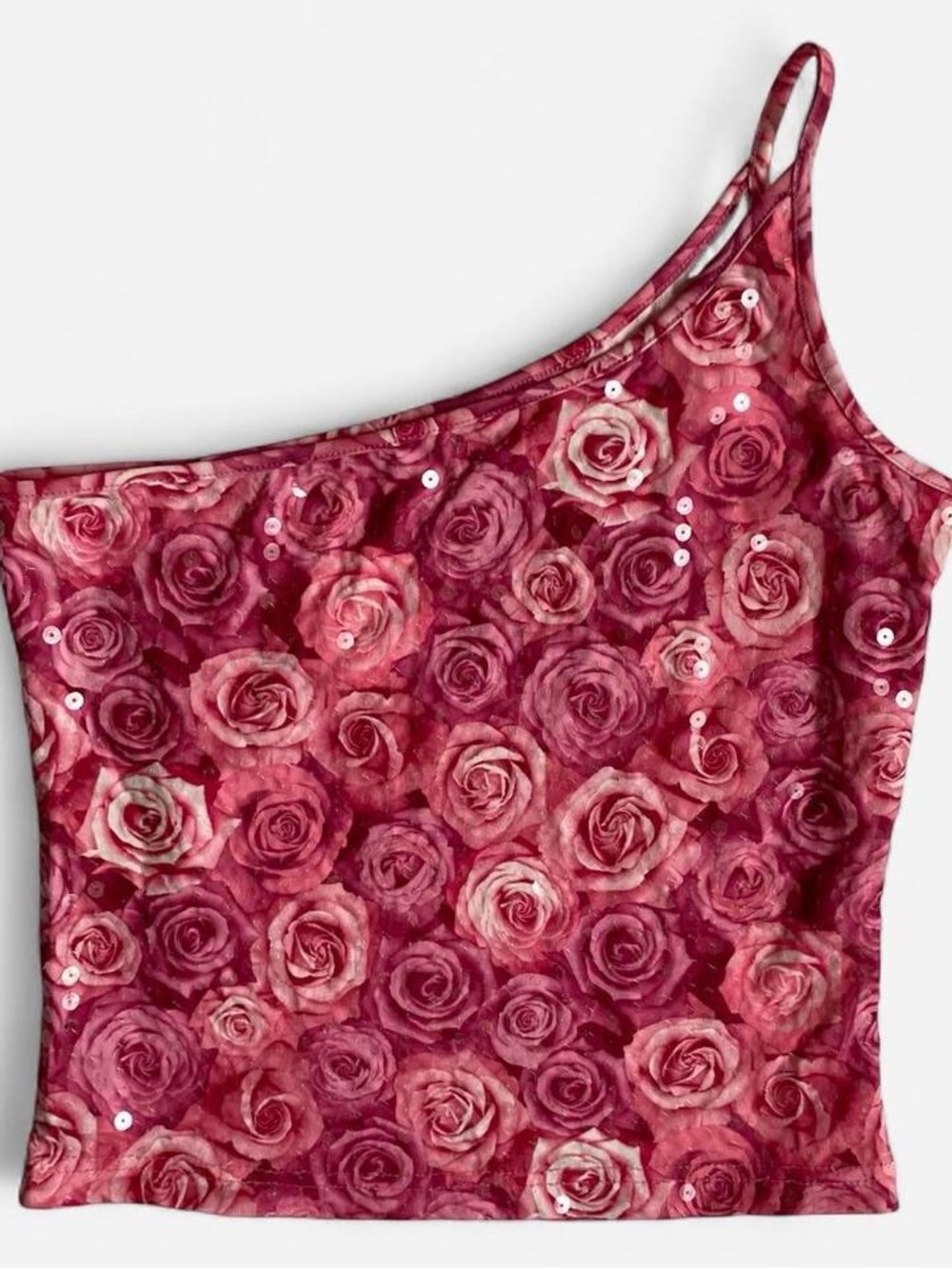 Vintage Y2K pink rose sequin floral one shoulder top